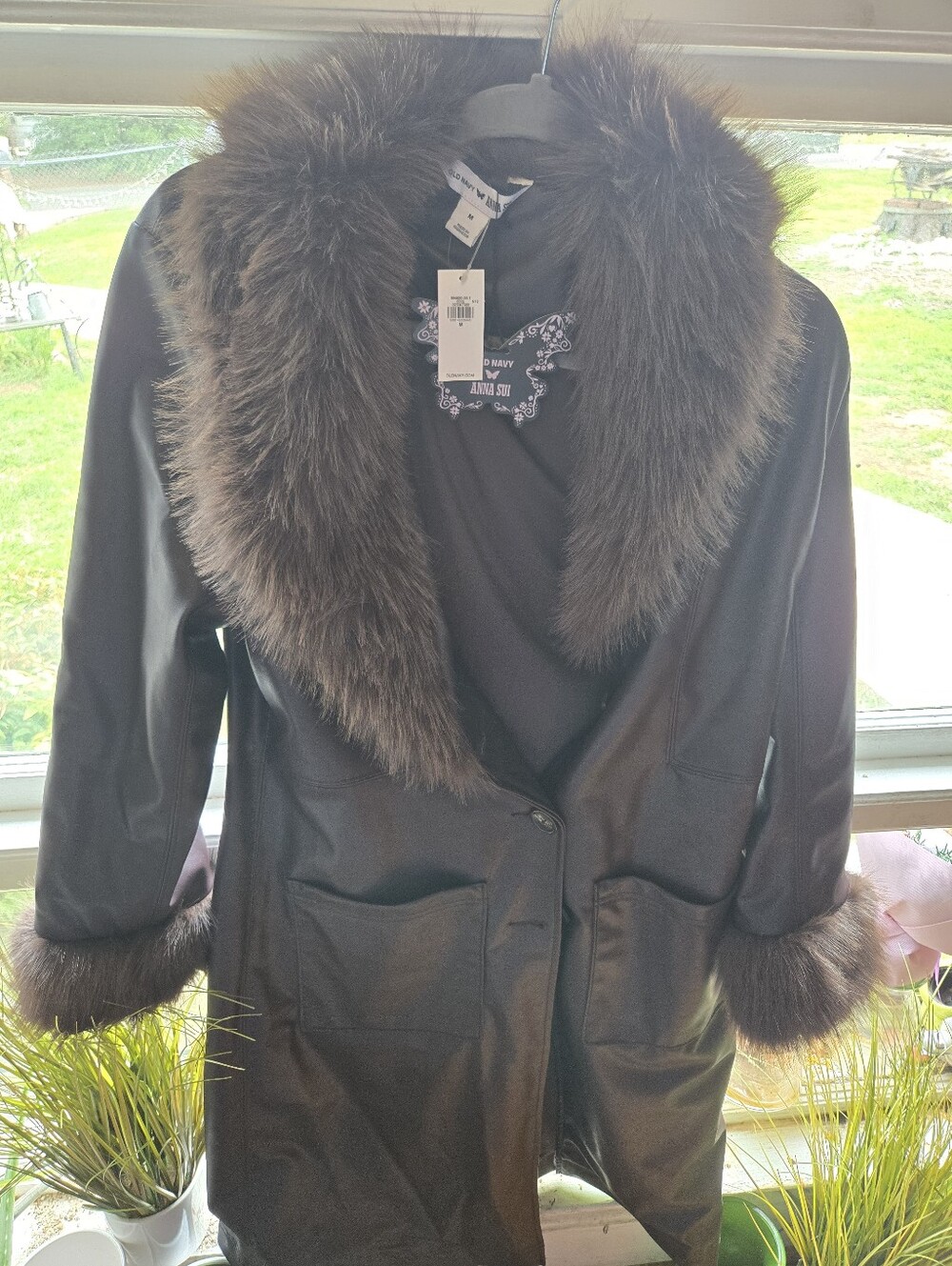 Women's Black Faux Leather Coat with Fur Trim Size M